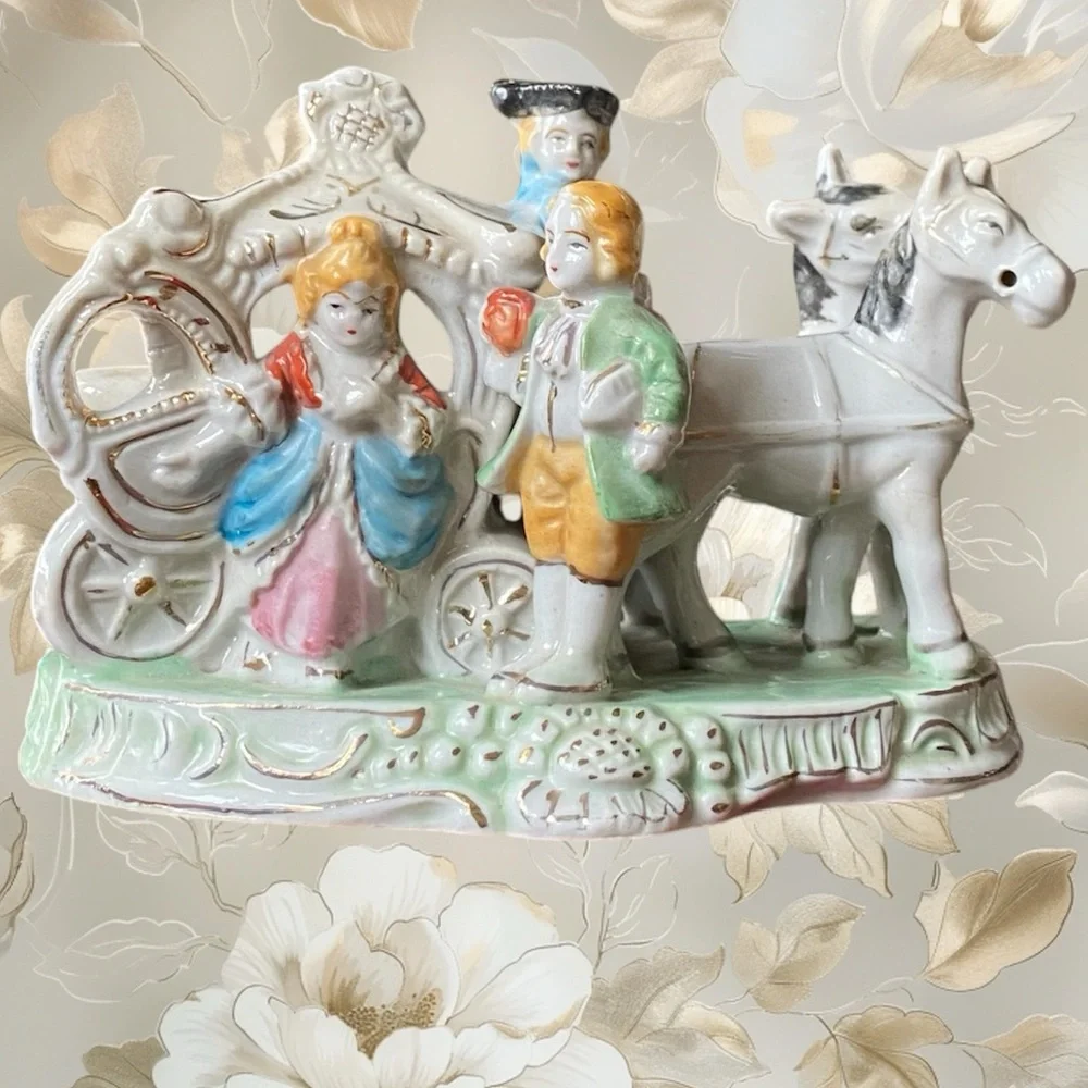 Vintage Courting Couple Horse Carriage Antique Porcelain Figurine Made in Japan